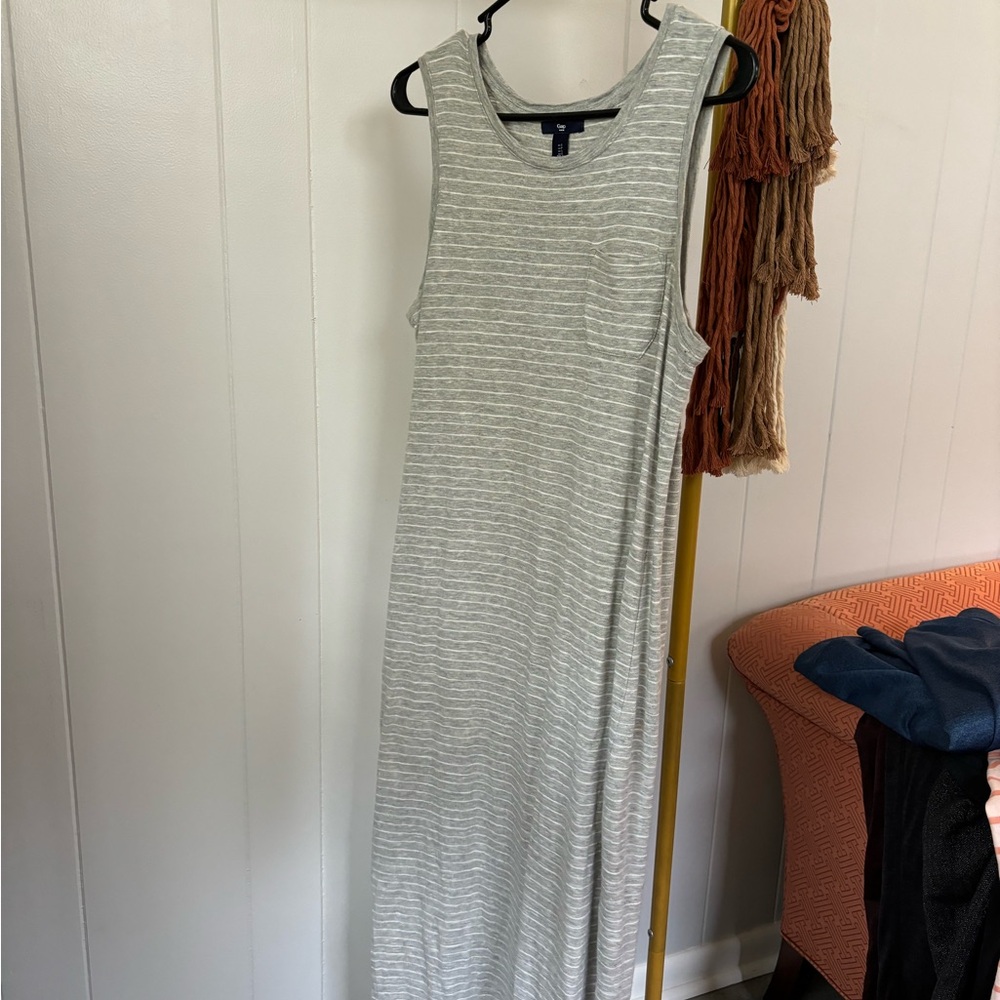 GAP Gray and White Striped Maxi Dress
